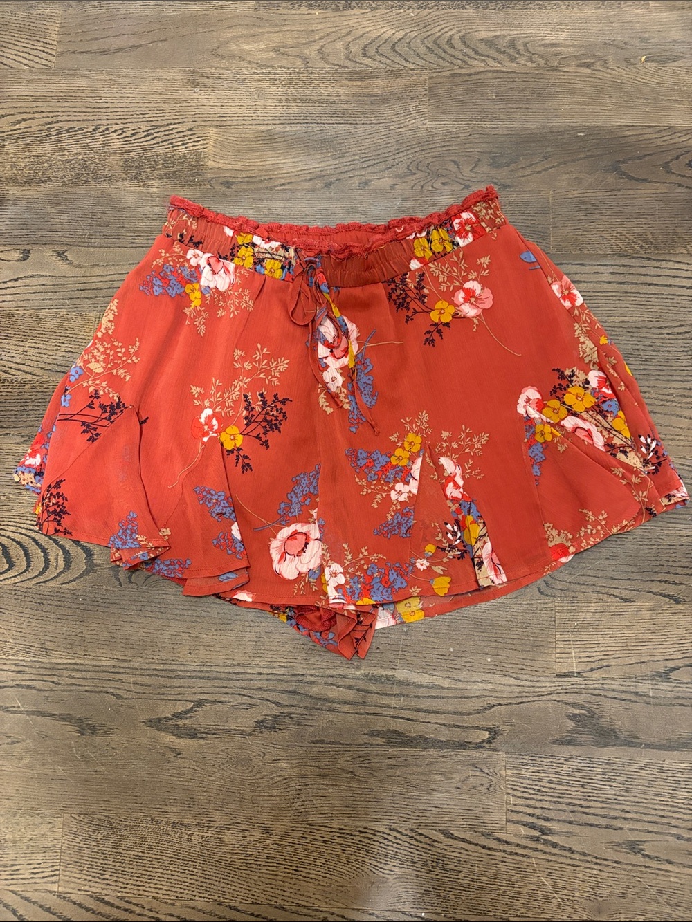 American Eagle Rust Orange Floral Pull On Ruffle Shorts Size XXL